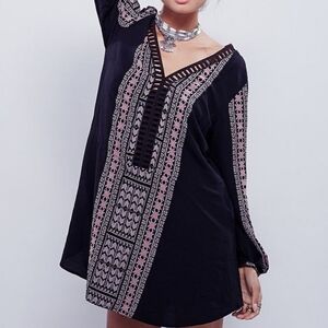 Free people boho long sleeve tunic dress S Black cut out witchy Fairy grunge